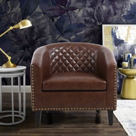 accent Barrel chair living room chair with nailheads and solid wood legs Brown pu leather (Color: Brown)