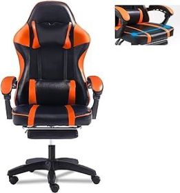 Video Game Chairs for Adults, PU Leather Gaming Chair with Footrest, 360¬∞Swivel Adjustable Lumbar Pillow Gamer Chair, Comfortable Computer Chair for (Color: Orange)