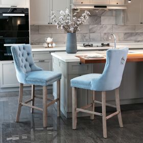 Furniture; Contemporary Velvet Upholstered Barstools with Button Tufted Decoration and Wooden Legs;  and Chrome Nailhead Trim;  Leisure Style Bar Chai (Color: Light Blue)